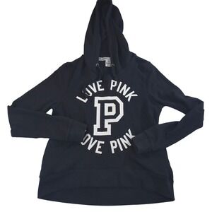Victoria's Secret PINK Love Pink Logo Hoodie Black Pullover Sweatshirt Small